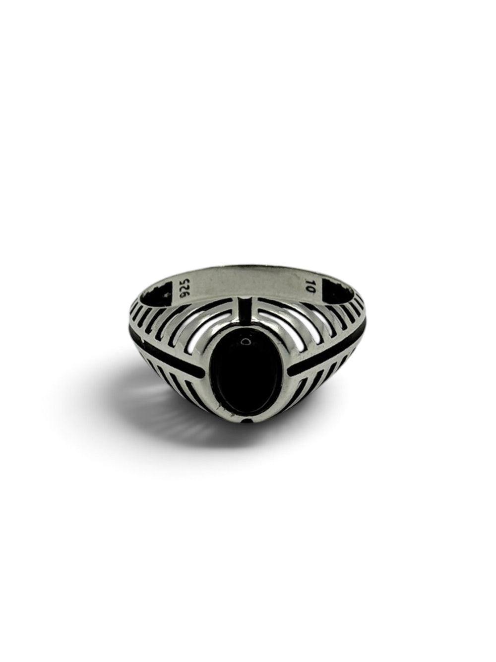 ECLIPSE Ring aus 925 Sterlingsilber mit schwarzem Onyx-Optik-Stein, Frontansicht mit Stempelung im Inneren