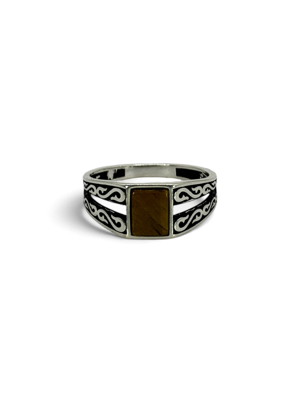 AMBER Ring aus 925 Sterlingsilber mit rechteckigem Stein in Tigerauge-Optik, Frontansicht