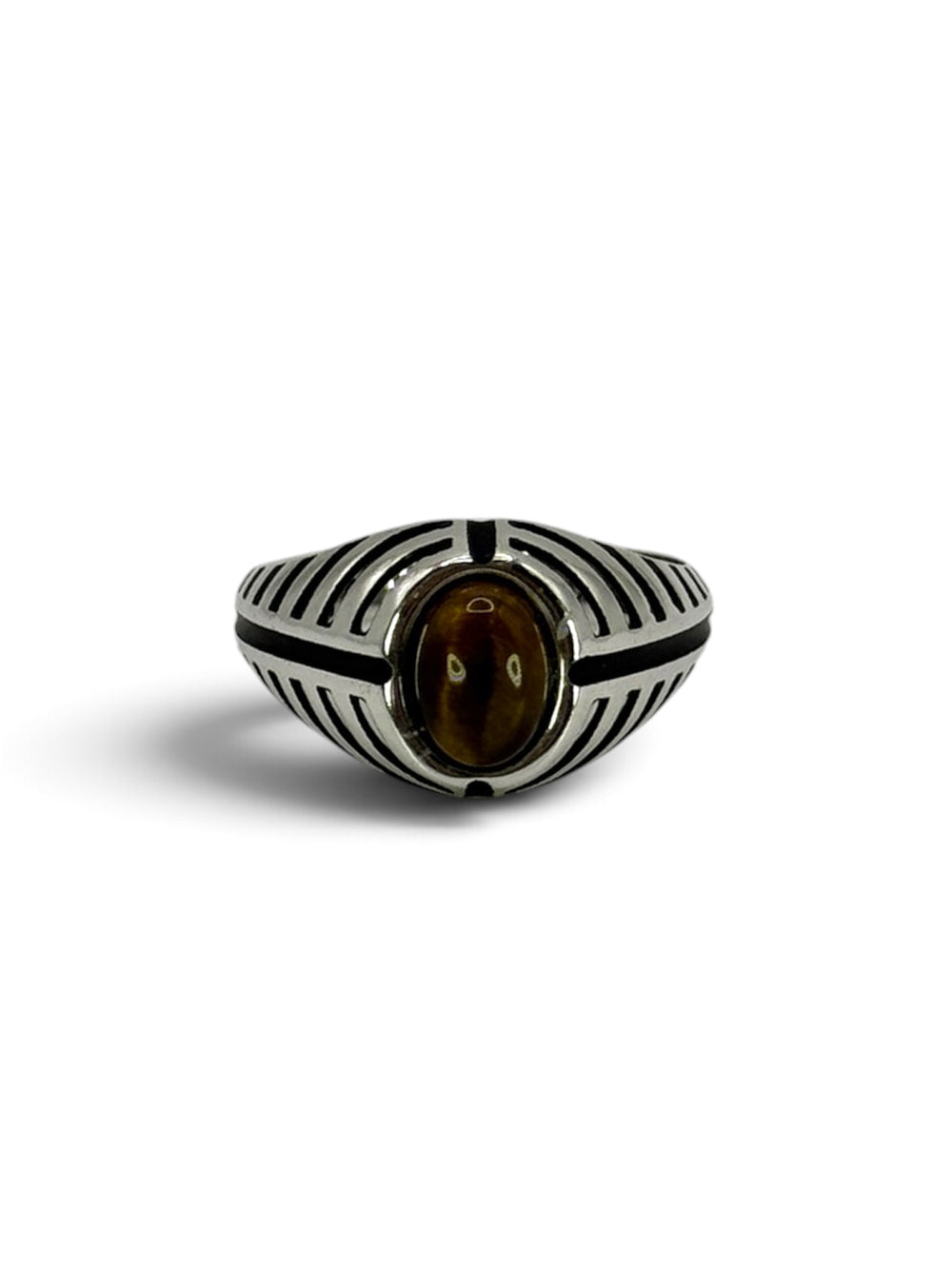 LOUVER Ring aus 925 Sterlingsilber mit ovalem Cabochon in Tigerauge-Optik, Frontansicht